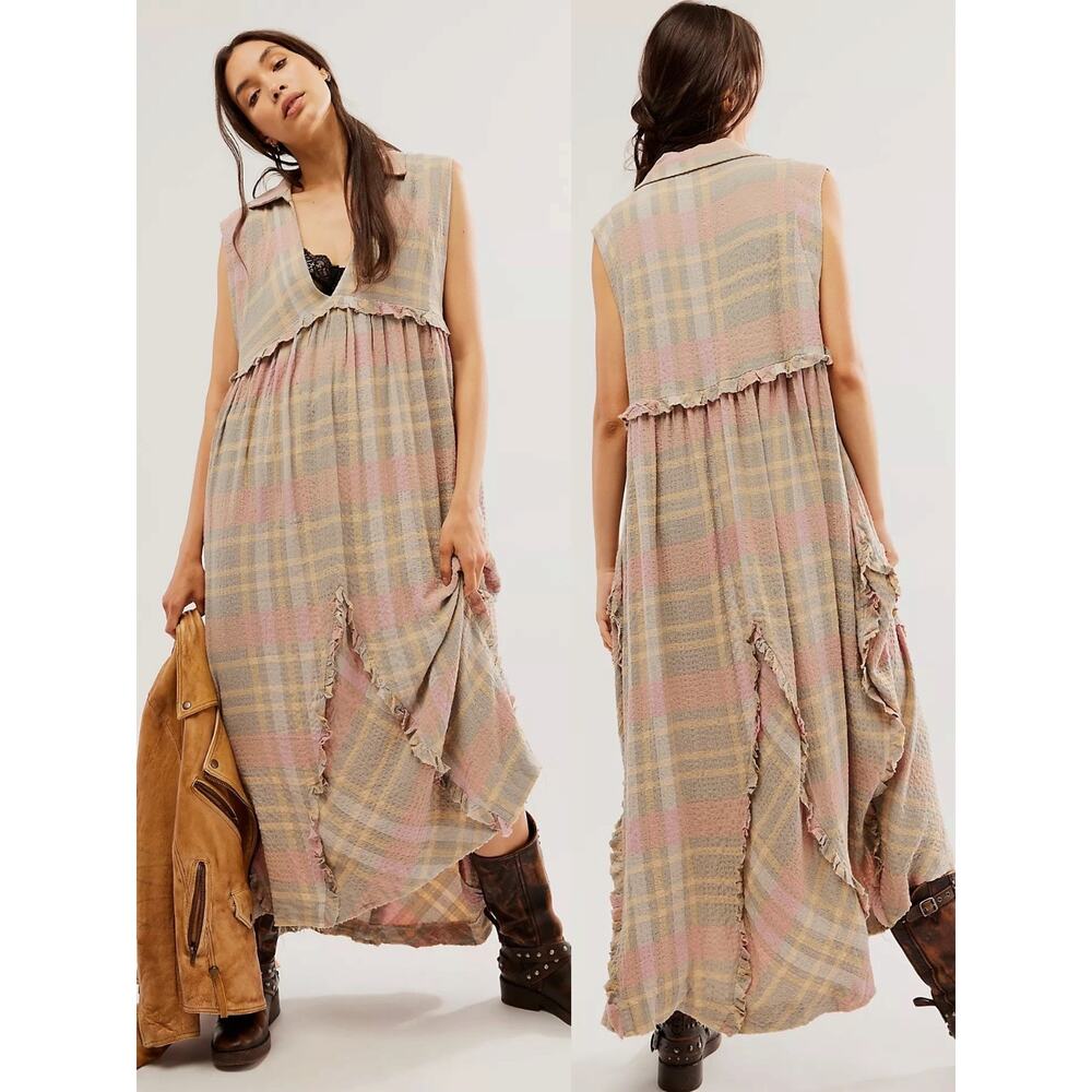 Free People Oversized Bohemian Grunge 90s Plaid Kirby Maxi Dress Size Small